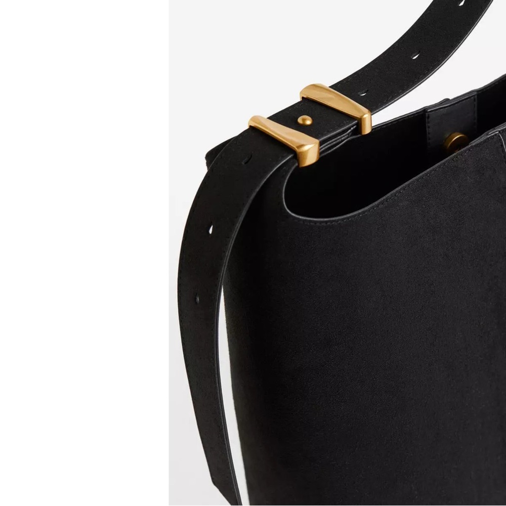 H&M Black Faux Suede Bucket Bag Gold Hardware Adjustable Strap - Picture 8 of 14